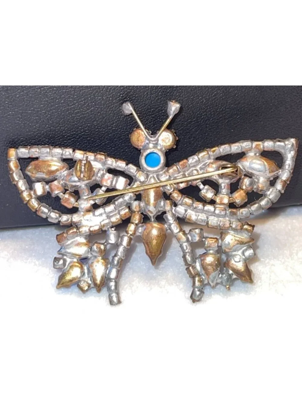 Vtg Czech Glass Butterfly Brooch With Rare Colored Glass Stones & Intricate Desi
